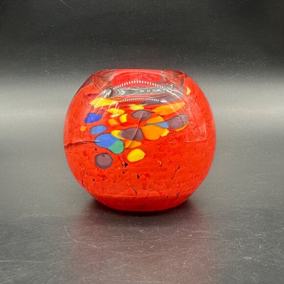 Paperweight Candle Holder Bohemian Art Glass Handmade Red Rainbow Czech READ - Picture 3 of 12